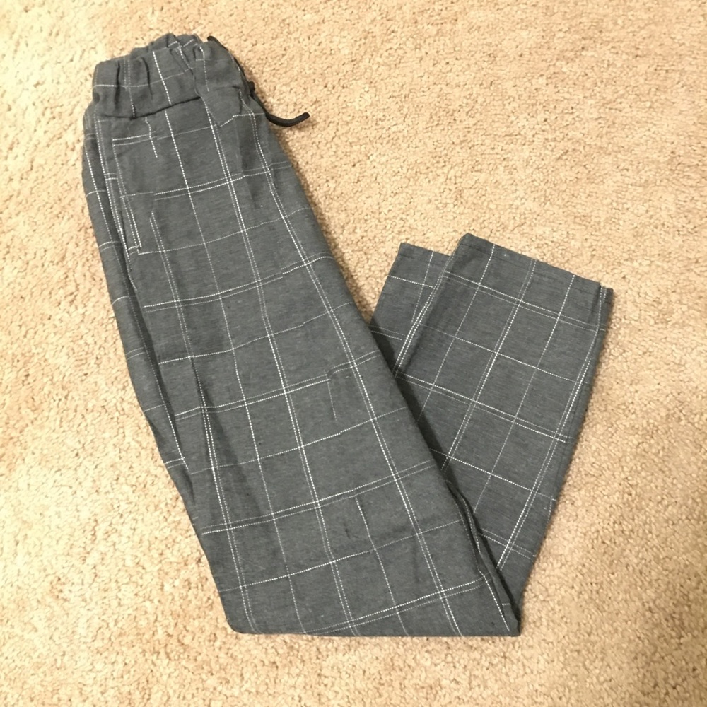 Window-pane/plaid drawstring pants